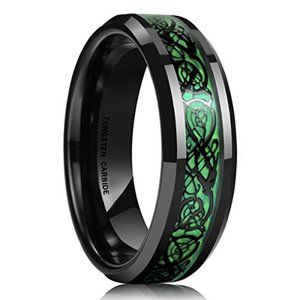 Women's Tungsten Wedding Band (6mm). Black & Green Celtic Knot Wedding Band.